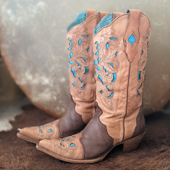 CORRAL C1620 laser tooled tan & turquoise snip toe cowgirl western boots sz 9.5 - Picture 3 of 16